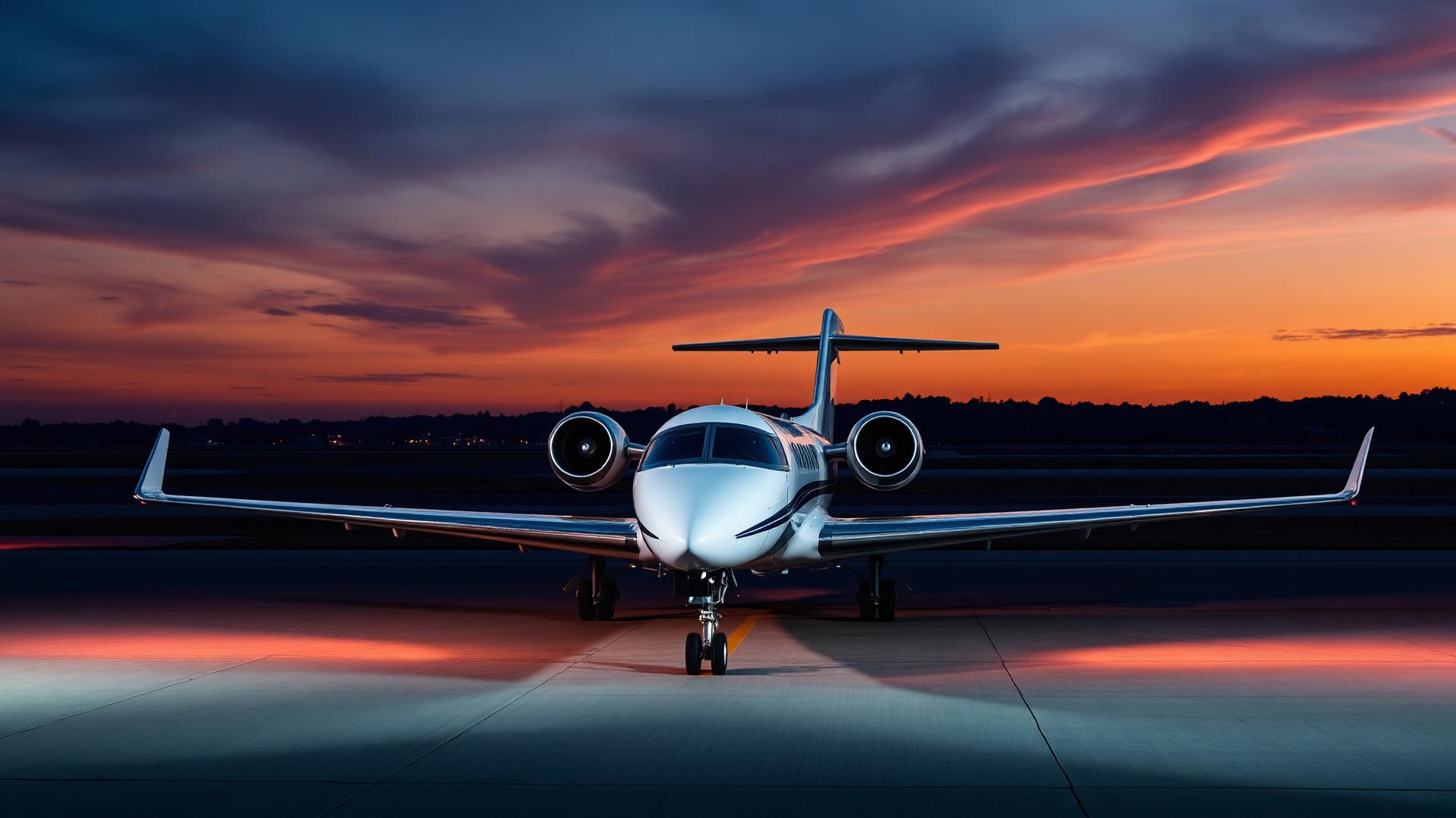 Private jet on a runway at sunset