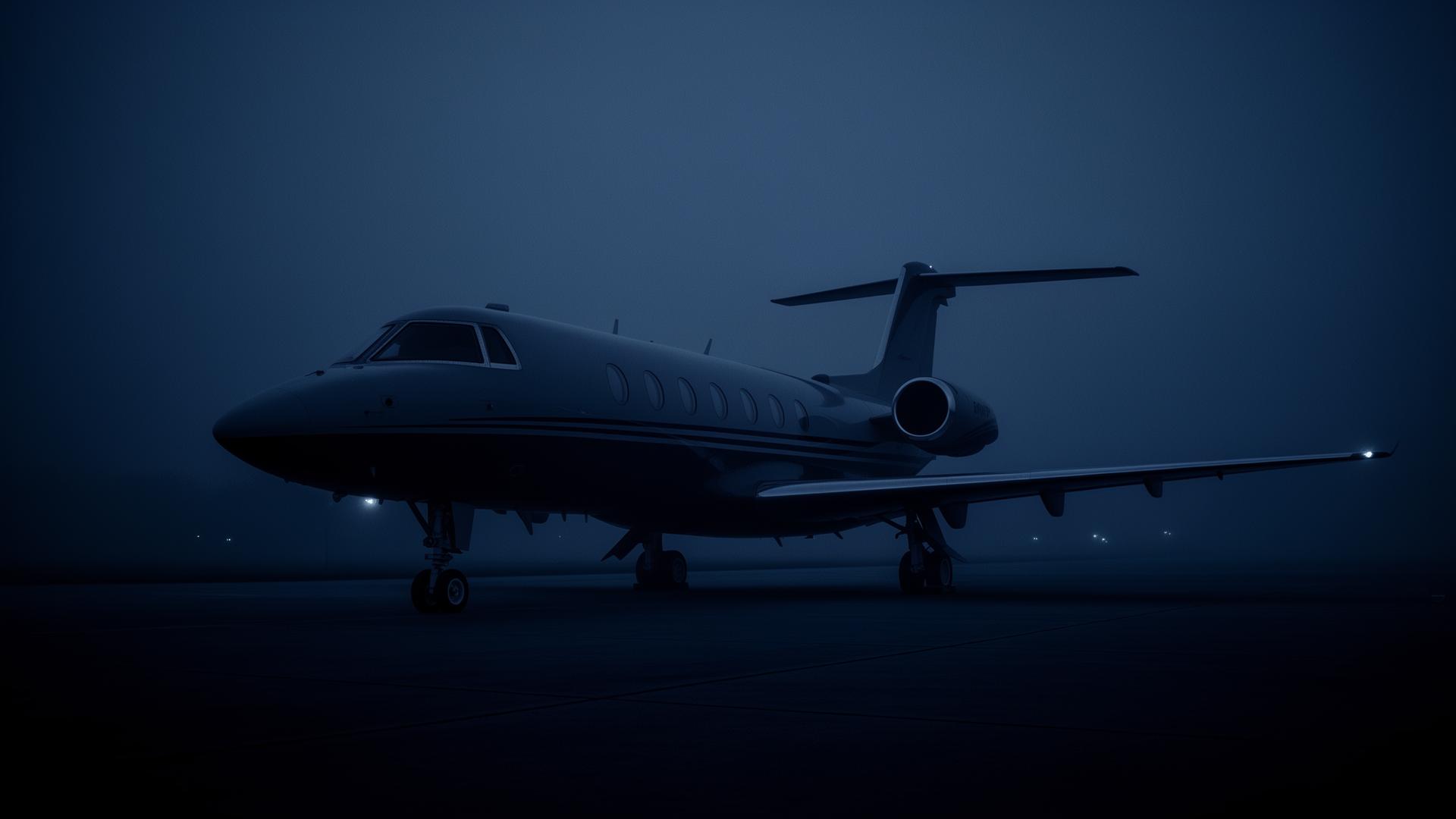 Private jet on tarmac at twilight
